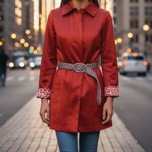 Reversible Leopard Trench Coat Orange Statement Party Jacket XS Dennis Basso